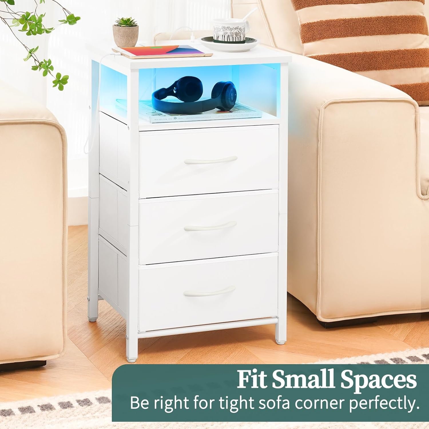 Night Stand with Charging Station, 16 Colors LED Nightstand with USB Ports and Outlets, End Table with 3 Fabric Drawers and Storage Shelf, Bedside Tables Small Dresser for Small Space White