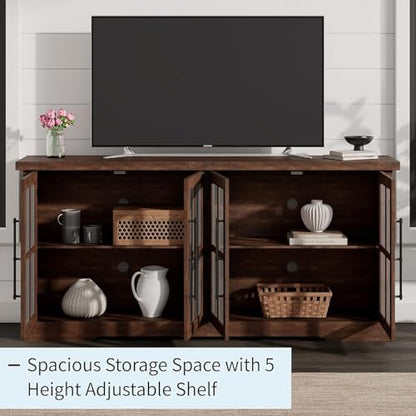63" Farmhouse TV Stand with 4 Glass Doors and Storage, Espresso, view 5