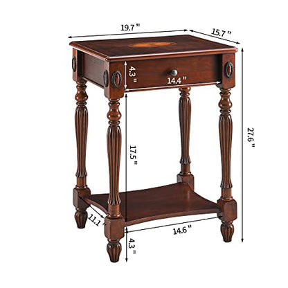 Solid Wood Retangle End Table with Drawer and Storage Shelf, 28"H Traditional Vintage Side Table Polished Edging Sofa Table Bedside Nightstand for Living Room Bedroom Home, Cherry Walnut GBJ-1533-WD