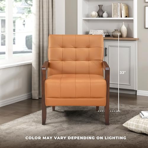 Modern Accent Chair, Luxury Genuine Leather Match Living Room Chair with Tufted Cushions, Solid Wood Frame and Arm Rest, Comfy Upholstered Single Seat for Bedroom/Reading/Office, Orange