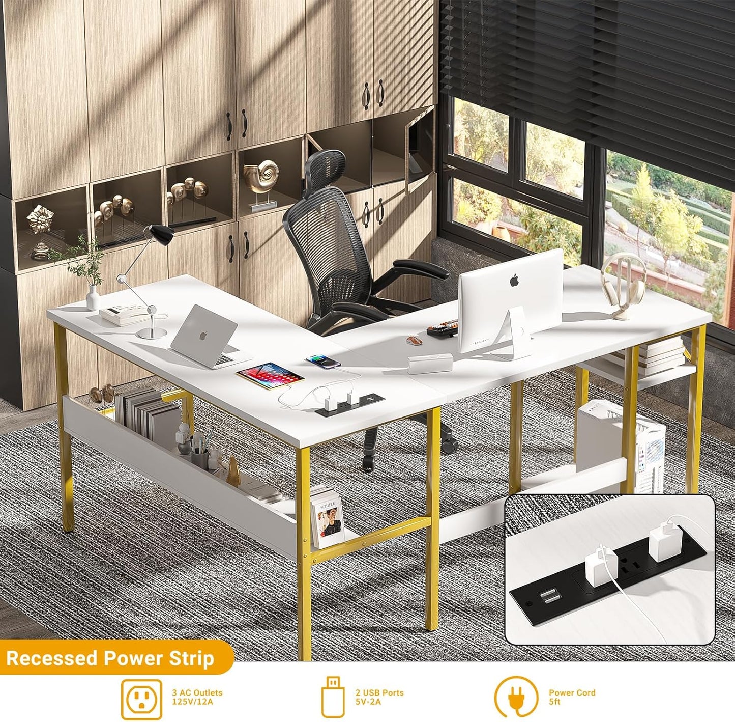 Reversible L Shaped Desk with Magic Power Outlets and USB Charging Ports, Sturdy Corner Computer Desk with Storage Shelves, Gaming Table Home Office Desk, Easy to Assemble, White and Gold