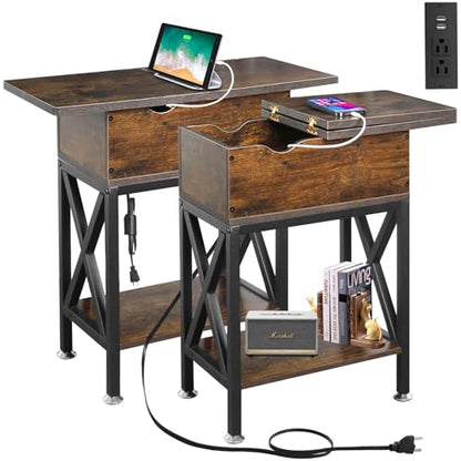 End Tables Living Room Set of 2, Side Table with Charging Station Flip Top, 11"D x 24"W x 23"H, Narrow Side Table with 5.3" Deep Drawer, Couch End Tables Set of 2, Steel X-Frame, Rustic Brown