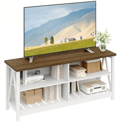Farmhouse TV Stand for TVs up to 55 Inch, Modern Entertainment Center with 4 Open Shelves & Built-in Cable Holes, Media TV Console for Living Room, Bedroom, White