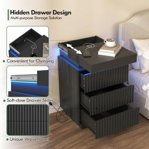 (Set of 2) End Table with Fast USB C Charging Station, Sofa Side Table with 2 Drawers and LED Lights, Large Storage Modern Wood Storage Cabinet for Living Room,Bedroom,Office, Black