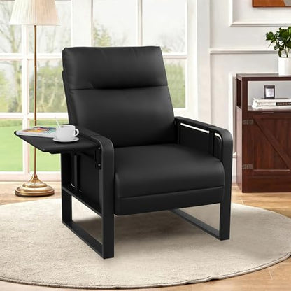 Black Accent Chair PU Leather Upholstered Armchair with Side Table | Modern Ergonomic Accent Chair for Living Room Bedroom Reading Chair with Side Pocket Corner Chair Office Reception Side Chair