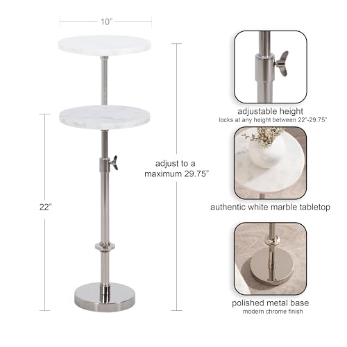 Engles Traditional Adjustable-Height Pedestal Drink Table; 10 x 10 x 30; White Marble and Silver Chrome; Vintage Round Indoor Metal Plant Stand with Authentic Marble Tabletop
