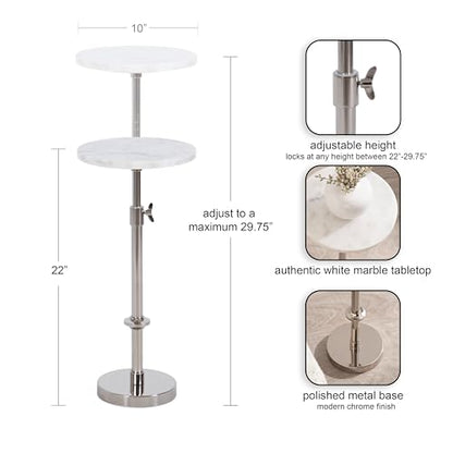 Engles Traditional Adjustable-Height Pedestal Drink Table; 10 x 10 x 30; White Marble and Silver Chrome; Vintage Round Indoor Metal Plant Stand with Authentic Marble Tabletop