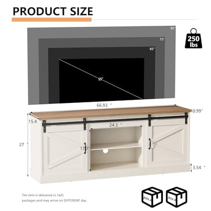 TV Stand up to 75/80" TV, Entertainment Center w/Sliding Barn Doors & Storage Cabinets, Farmhouse TV Console with Adjustable Shelf, Office Furniture for Living Room-White