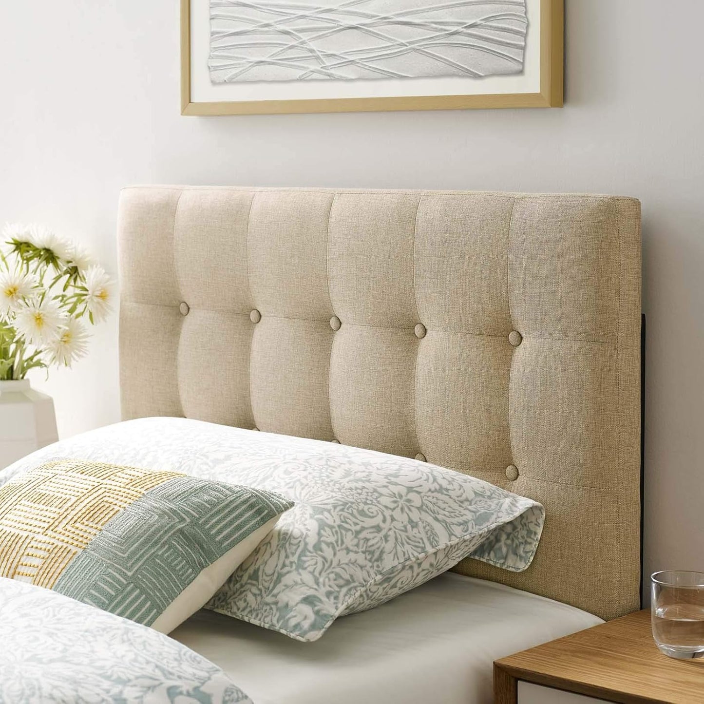 Emily Tufted Button Linen Fabric Upholstered Twin Headboard in Beige