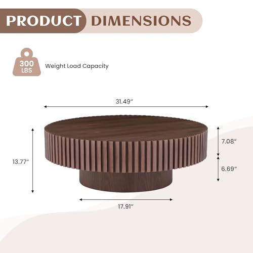 31.49" Walnut Coffee Table Round Wood, Modern Unique Fluted Tea Table, Contemporary Drum Circle Accent Center Table for Living Room, Small Space, Apartment