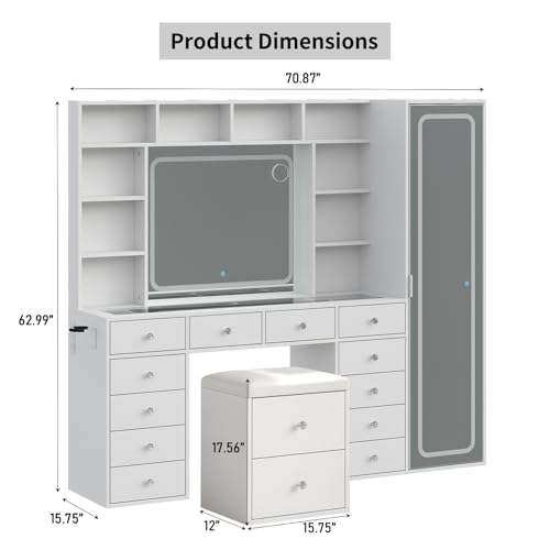 71'' Vanity Desk with LED Lights & Body Mirror, Hidden Cabinet, White, view 3