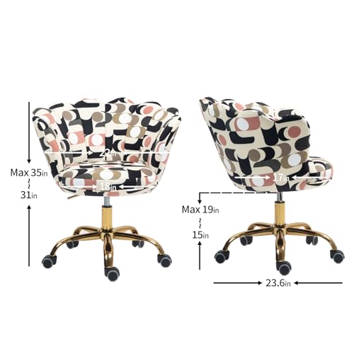 Comfy Home Office Task Chair with Wheels, Cute Modern Upholstered Velvet Seashell Back Adjustable Swivel Vanity Desk Chair, for Women,for Girls, Living Room, Bedroom（Geometric Figure