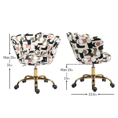 Comfy Home Office Task Chair with Wheels, Cute Modern Upholstered Velvet Seashell Back Adjustable Swivel Vanity Desk Chair, for Women,for Girls, Living Room, Bedroom（Geometric Figure