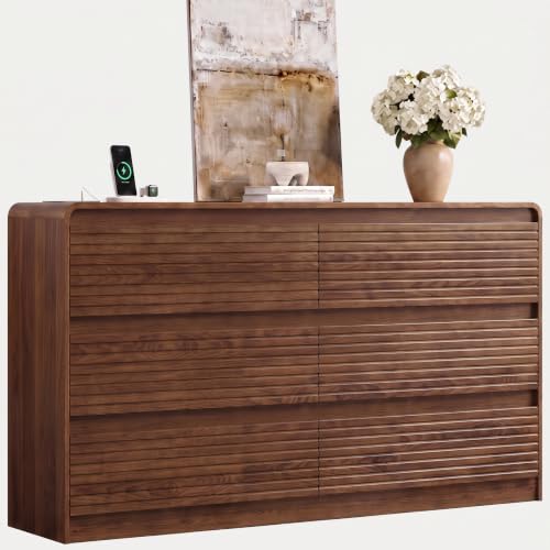 55" W Walnut Fluted 6-Drawer Dresser for Bedroom w/Power Outlet, view 2