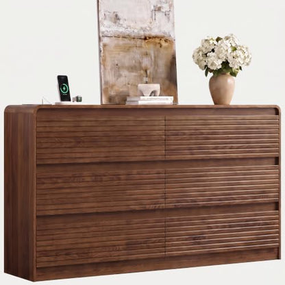 55" W Walnut Fluted 6-Drawer Dresser for Bedroom w/Power Outlet, view 2