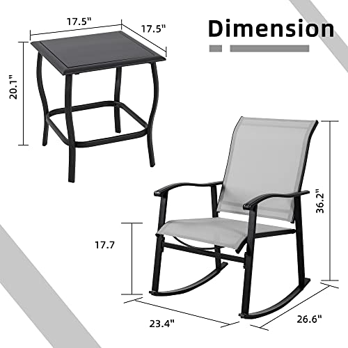 3 Piece Outdoor Rocking Bistro Set, Textilene Fabric Small Patio Furniture Set, Front Porch Rocker Chairs Conversation Set with Glass Table for Lawn, Garden, Balcony, Poolside (Light Gray)