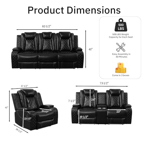 Living Room Furniture Sets, Power Recliner Sectional Sofa with LED Lights, Leather Couch Set, Reclining Sofa for Living Room, Home Theater,and Office (3PCS Set, Black)