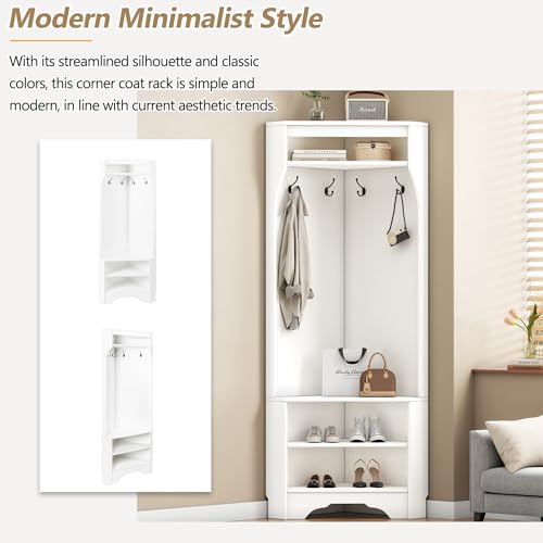 Corner Hall Tree with Shoe Bench, Entryway Coat Rack with 4 Hooks, Corner Cabinet with Adjustable Shelf for Hallway, Living Room, White, 29.5''W*71.6''H