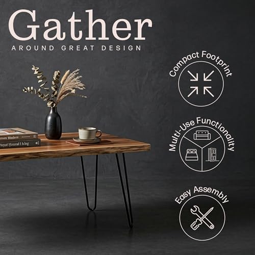 Live Edge Wood Coffee Table with Hairpin Metal Legs – Rustic Modern Farmhouse Living Room Table with Acacia Wood Top (42 Inch)