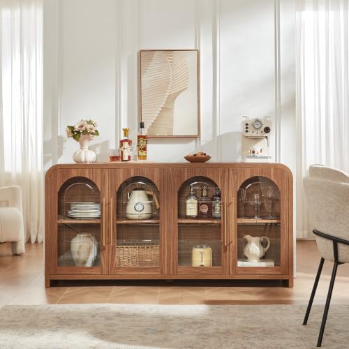 65" Sideboard Buffet Cabinet with Arched Glass Doors, Brown, view 4
