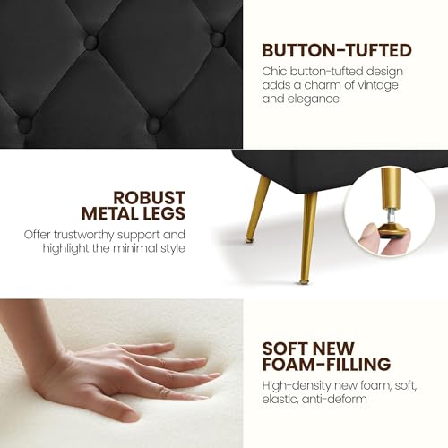 Yaheetech 45" Black Ottomans, Velvet End of Bed Bench, Ottoman Foot Rest with Gold Legs for Living Room, Bedroom, Entryway, Black