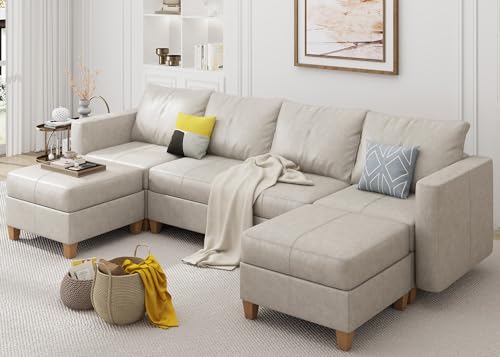 Modular Sectional Sofa with Storage, Faux Leather Sectional, Leather Couches for Living Room,Whitesand