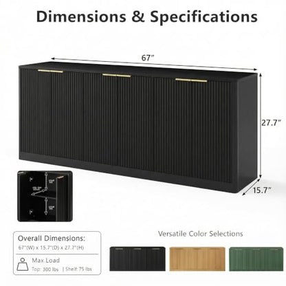 67" Fluted Black Buffet Cabinet with 6 Doors Storage, view 3