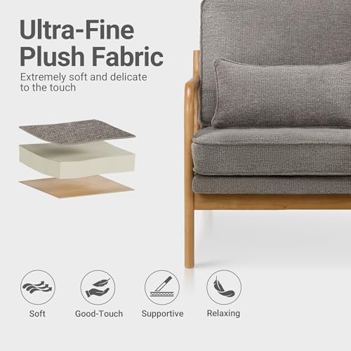 Mid Century Modern Accent Chair Set of 2 with Lumbar Pillow, Relaxing Armchair with Solid Wood Frame & Soft Cushion, Reading Leisure Chair for Living Room（Grey）