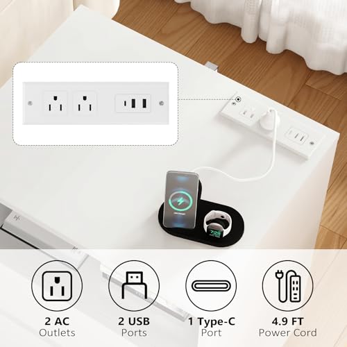 (Set of 2) End Table with Fast USB C Charging Station, Sofa Side Table with 2 Drawers, Large Storage Modern Wood Storage Cabinet for Living Room,Bedroom,Office, White