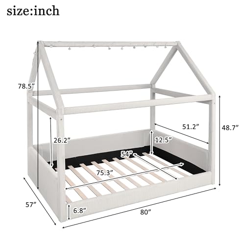 Modern Upholstered House Bed, Floor Upholstered Sofa Daybed with Wood Slat Support,Platform Bed Frame with Headboard/Full, Beige