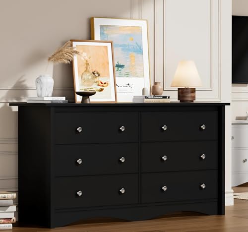 Dresser for Bedroom, 6 Drawer Wood Dresser, Black, view 2