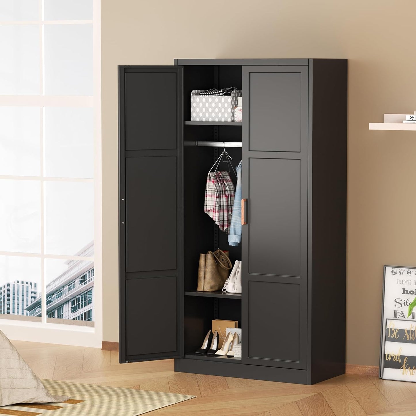 Metal Wardrobe Closet, 72" H Bedroom Armoires with Wooden Handle, Storage Cabinet with Adjustable Shelves and Hanging Rods, Steel Storage Locker Closet for Home, Office, Employee, Gym (Black)