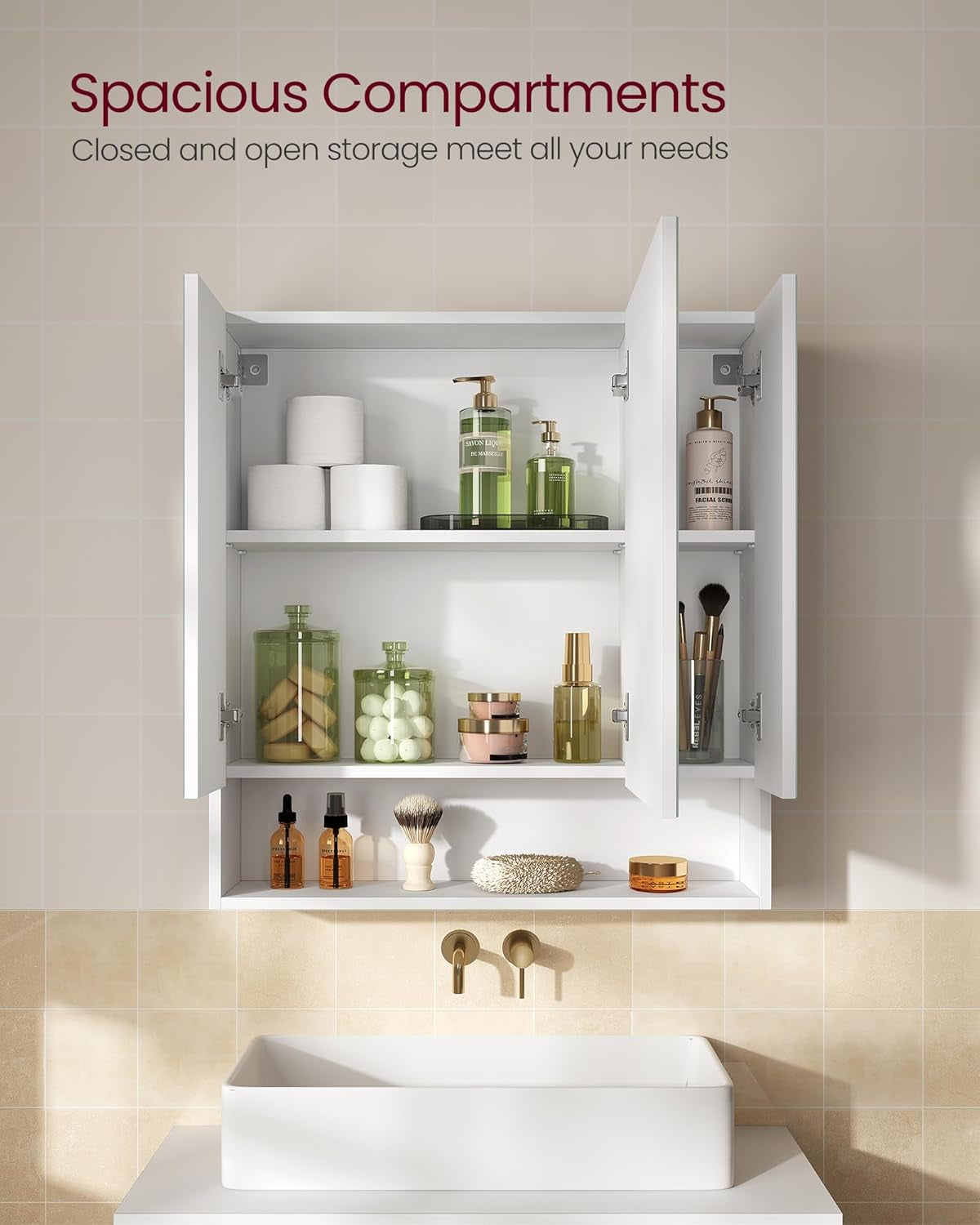 KAILYN Collection - Medicine Cabinet Mirror, Bathroom Wall Mirror Cabinet with Storage, Open Compartment, Adjustable Shelves, 6.5 X 27.6 X 29.5 Inches, Cloud White UBBK129W01