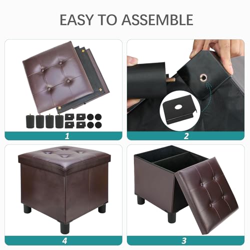 18 Inches Cube Storage Ottoman, Faux Leather Collapsible Square Folding Ottoman Furniture with Storage for Living Room Bedroom, Foot Rest Foot Stool with Legs, Brown 18x18x18 Inches