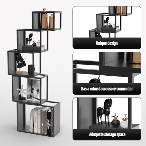 5-Tier Black Unique Metal Bookshelf – 49.2" Modern Bookcase for Books, CDs, view 7