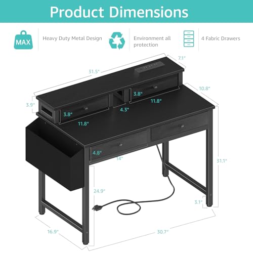 Small Desk with Drawers for Home Office Bedroom, 31 inch Black Writing Study Desks with Fabric Drawers Storage, Gaming Desk Table with Power Outlet & Monitor Stand, Black
