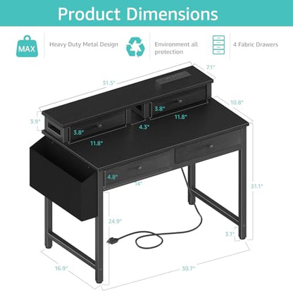 Small Desk with Drawers for Home Office Bedroom, 31 inch Black Writing Study Desks with Fabric Drawers Storage, Gaming Desk Table with Power Outlet & Monitor Stand, Black