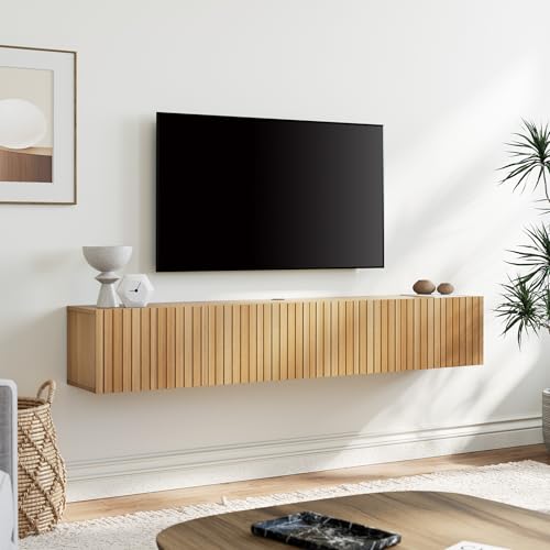 70" Modern Fluted Floating TV Stand, Oak, view 2