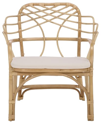 SAFAVIEH Home Collection - Junie Tropical Rattan Dining Chair, Natural & Cream Upholstered Seat, Coastal Boho Accent Chair, Fully Assembled (SEA8040A)