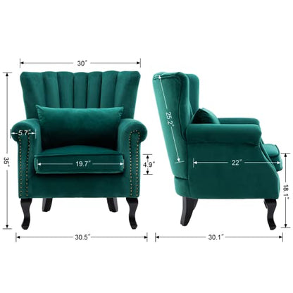 Mid-Century Modern Accent Chair Comfy Single Sofa Chair Channel Back Armchair with Small Pillow for Living Roon Bedroom Club - Velvet, Green