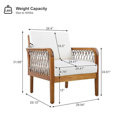 Arami Acacia Wood Lounge Chair Outdoor with Removable Cushion, Solid Wood Patio Accent Chair with Rope Weave Design, Patio Furniture Set Sofa Chair, Beige+Cream+Teak