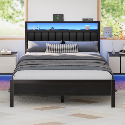 Queen Size Bed Frame with Charging Station and LED Lights, view 2