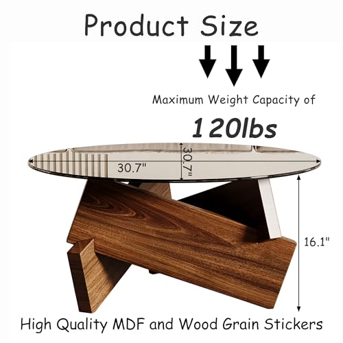 Modern Round Coffee Table, 30.7" x 30.7" x 16.1" Tempered Glass Top for Living Room, Color: Walnut