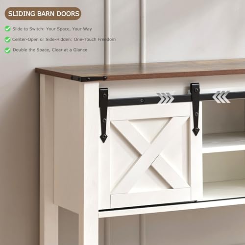 Entryway Table with Storage, Farmhouse Buffet Cabinet Coffee Bar Kitchen Island with Sliding Barn Doors & Shelves, Console Table for Kitchen, Dining Room, Living Room, White