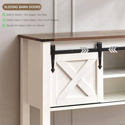 Entryway Table with Storage, Farmhouse Buffet Cabinet Coffee Bar Kitchen Island with Sliding Barn Doors & Shelves, Console Table for Kitchen, Dining Room, Living Room, White