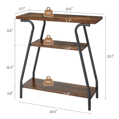 Console Table for Entryway, 3 Tier Narrow Entryway Table Open Shelves, Industrial Farmhouse Sofa Table for Hallway, Kitchen, Living Room and Bedroom, Furniture Decorative,Rustic Brown