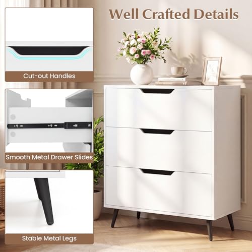 3-Drawer Dresser, Chest of Drawers, Rustic Farmhouse Wooden Storage Dresser, Sofa Beside Table, Utility Storage Organizer for Bedroom, Living Room, Study, Entryway and Closet (White)