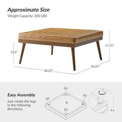 36" Genuine Leather Square Tufted Ottoman Coffee Table, Camel | 100% Genuine Leather, Button Tufted Style, Solid Wooden Flared Legs, Mid-Century Modern Extra Seating for Living Room
