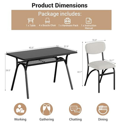 5-Piece Dining Table Set for 4, Modern Kitchen Table with 4 Boucle Chairs, Rectangular Dining Table with Storage Shelf & Marble Tabletop, Home Dining Furniture for Small Space, Beige+Black