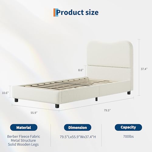 Full Size Bed Frame with Boucle Fabric, Beige, view 3